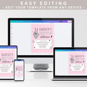 May include: A pink digital template for a temporary tattoo station, shown on a computer, tablet, and phone. The design includes the text "HARPER'S TATTOO station" and a skeleton hand making a peace sign.