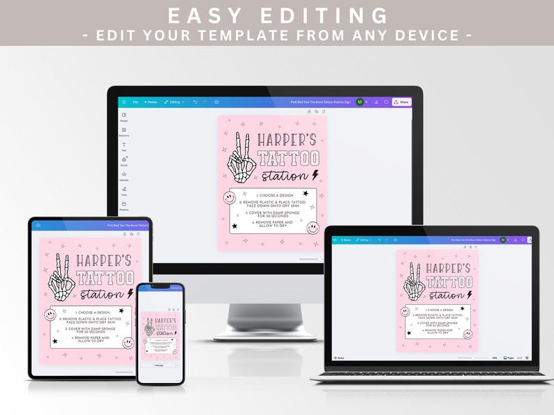 May include: A pink digital template for a temporary tattoo station, shown on a computer, tablet, and phone. The design includes the text "HARPER'S TATTOO station" and a skeleton hand making a peace sign.