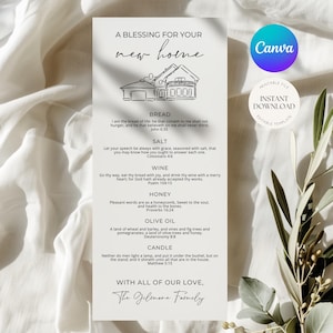 May include: A vertical printable file with the text "A Blessing For Your New Home" and a house illustration. The design includes sections for bread, salt, wine, honey, olive oil, and candle, with related Bible verses. The bottom reads "With All of Our Love, The Gilmore Family."