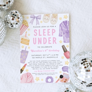 May include: A sleepover invitation with watercolor illustrations of pajamas, a robe, nail polish, and other sleepover-themed items. The invitation is decorated with stars and disco balls.