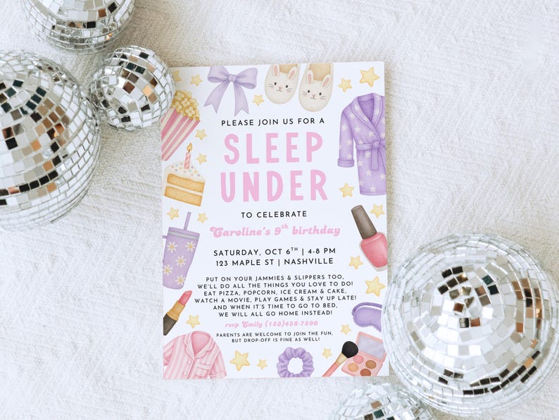 May include: A sleepover invitation with watercolor illustrations of pajamas, a robe, nail polish, and other sleepover-themed items. The invitation is decorated with stars and disco balls.