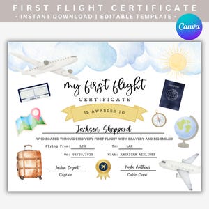 My First Flight Certificate, Certificate For Kids, First Flight Gift, First Flight Keepsake, Airplane Souvenir, Kids Vacation Printable