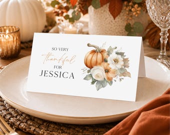 Printable Thanksgiving Floral Pumpkin Place Card, Editable Template, Instant Download (2x3.5" Flat & Folded)