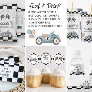 May include: A set of printable party decorations for a second birthday party with a racing car theme. The set includes labels for water bottles, juice boxes, chip bags, chocolate bars, cupcake toppers, and favor bags. The labels feature a blue race car with a checkered flag pattern and the text "Cooper's 2nd Birthday Party".