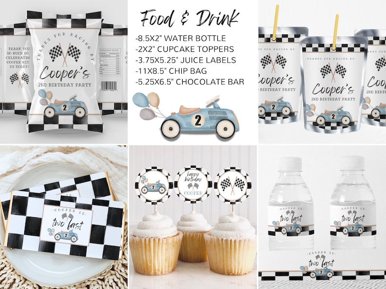 May include: A set of printable party decorations for a second birthday party with a racing car theme. The set includes labels for water bottles, juice boxes, chip bags, chocolate bars, cupcake toppers, and favor bags. The labels feature a blue race car with a checkered flag pattern and the text "Cooper's 2nd Birthday Party".