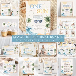 Peut inclure: Ensemble de fournitures de fête sur le thème de la plage pour un premier anniversaire. Les motifs présentent un code couleur bleu et jaune avec des palmiers, des vagues et le texte "One in the Sun". Comprend des invitations, des décorations de cupcakes et des cadeaux de fête.