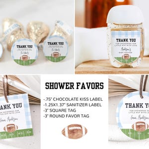 May include: A collection of baby shower favors with a football theme. Includes chocolate kiss labels, sanitizer labels, square tags, and round tags. Each item features a football graphic and the text "Thank You".
