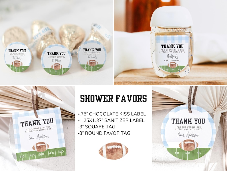 May include: A collection of baby shower favors with a football theme. Includes chocolate kiss labels, sanitizer labels, square tags, and round tags. Each item features a football graphic and the text "Thank You".