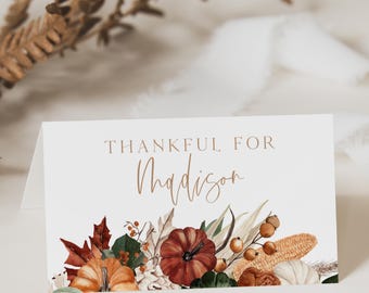 Herfstplaatskaart, afdrukbare plaatskaart, herfstplaatskaart, Thanksgiving-tafel, pompoenplaatskaart, Thanksgiving-decor, tafeldecor, A152