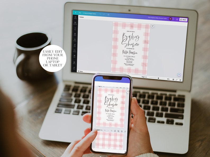 May include: A laptop computer displaying a pink and white gingham baby shower invitation on the screen. A person is holding a smartphone displaying the same invitation. The text on the invitation reads "Come join us for a Baby Shower in honor of Katie Hampton".