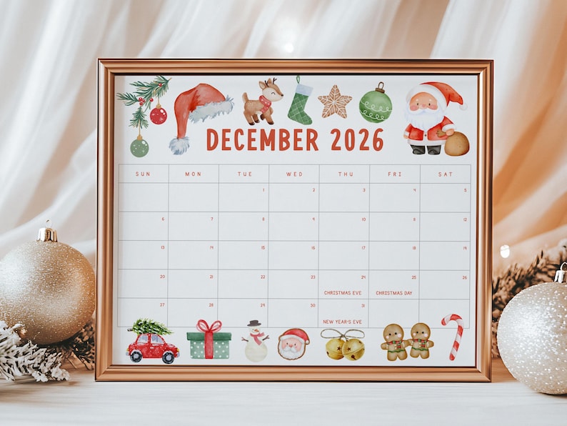 May include: A framed Christmas-themed calendar for December 2026, featuring festive illustrations. The calendar includes images of Santa, reindeer, ornaments, and a car carrying a Christmas tree. The calendar is in a gold frame.