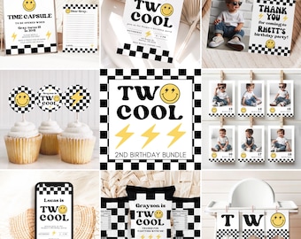 May include: A printable party bundle for a 2nd birthday with a black and white checkered pattern and yellow lightning bolts. The text "Two Cool" is in a retro font with a smiley face. The bundle includes invitations, thank you cards, cupcake toppers, a banner, and chip bags.