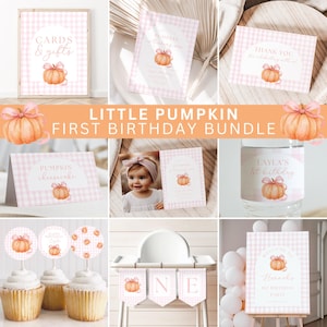 May include: A selection of party decorations with a pumpkin theme. Includes signs, cards, cupcake toppers, and a banner. The decorations feature a pumpkin graphic with a pink bow and the text "Little Pumpkin First Birthday Bundle".