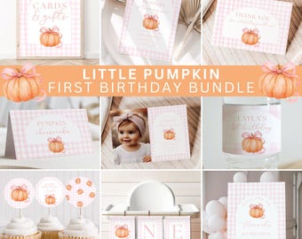 May include: A collection of party decorations with a pumpkin theme. Includes signs, cards, cupcake toppers, and a banner. The decorations feature a pumpkin graphic with a pink bow and the text "Little Pumpkin First Birthday Bundle".