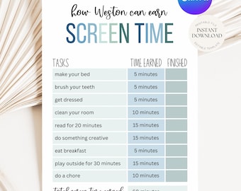 Edytowalna tabela czasu spędzanego przed ekranem dla dzieci, tabela nagród za czas spędzany przed ekranem, tabela obowiązków do wydrukowania, śledzenie czasu spędzanego przed ekranem przez dzieci, natychmiastowe pobieranie