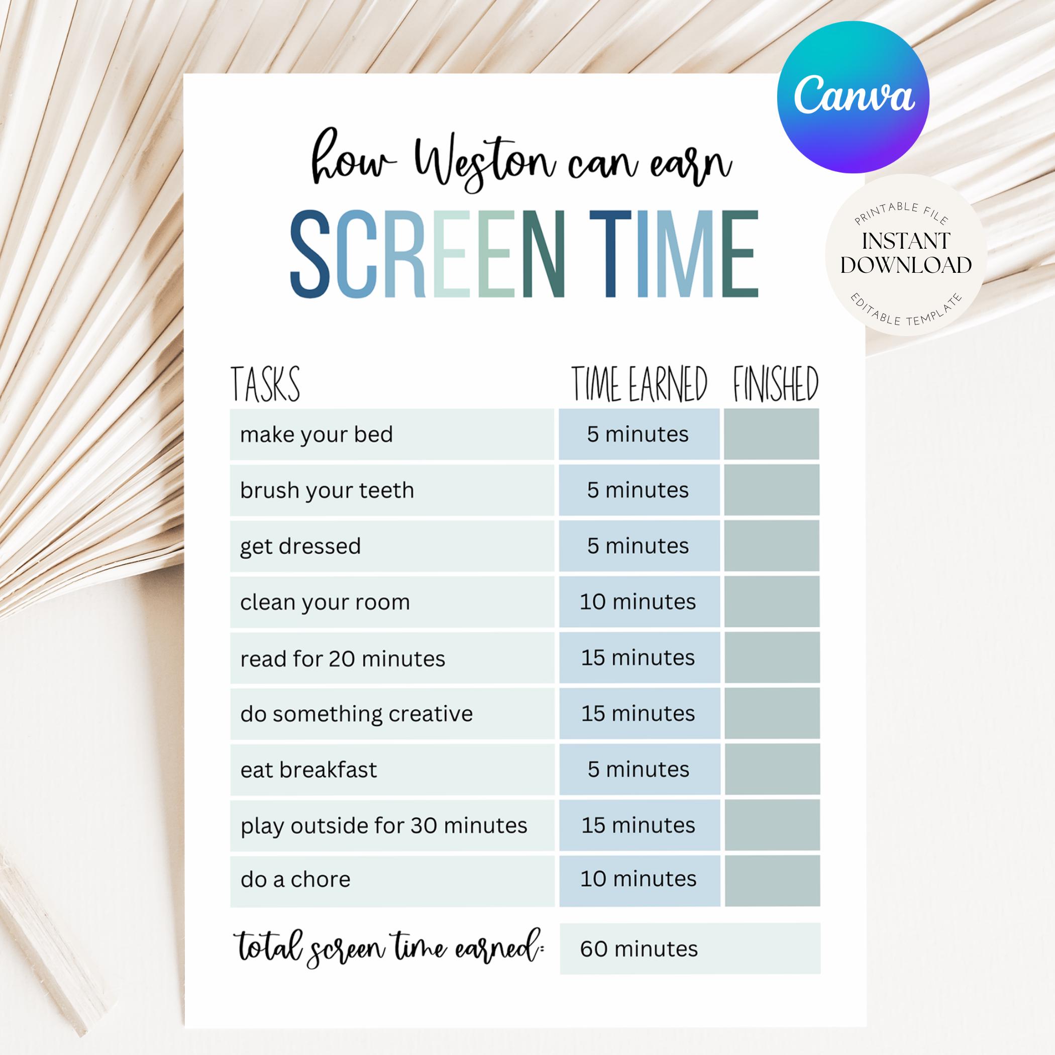 Sticker Chart Screen Time Editable Screen Time Chart for Kids, Screen Time Reward Chart, Chore ...
