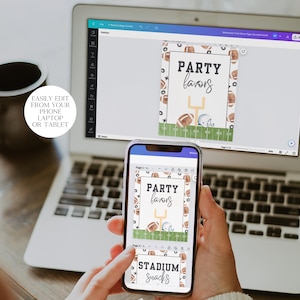May include: A laptop screen displaying a digital design template for a football party. The design features a brown and white football pattern with the text "Party Favors" and "Stadium Snacks".