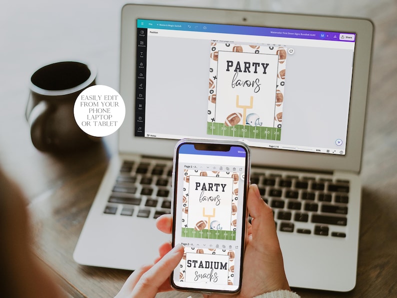 May include: A laptop screen displaying a digital design template for a football party. The design features a brown and white football pattern with the text "Party Favors" and "Stadium Snacks".