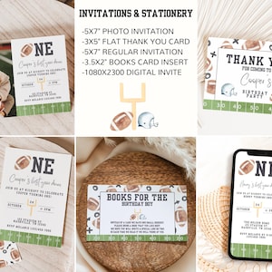 May include: A set of printable football-themed party invitations for a first birthday. The invitations feature a football field, a football, and the number "one". The text on the invitations reads "Cooper's 1st year down, Join us at kickoff to celebrate Cooper turning one!"