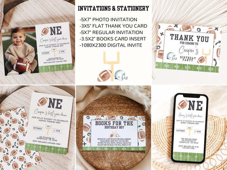 May include: A set of printable football-themed party invitations for a first birthday. The invitations feature a football field, a football, and the number "one". The text on the invitations reads "Cooper's 1st year down, Join us at kickoff to celebrate Cooper turning one!"