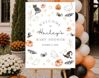 Spooky babyshower welkomstbord, direct downloaden, bewerkbare sjabloon, Halloween-baby, Halloweenshower, babyshower welkom, A132
