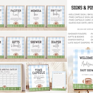 May include: A collection of baby shower signs and posters with a football theme. The signs feature text like "Late Night Diapers" and "Momosa Bar" on a blue gingham background with a football graphic. Sizes include 8x10, 16x20, and 18x24 inches.