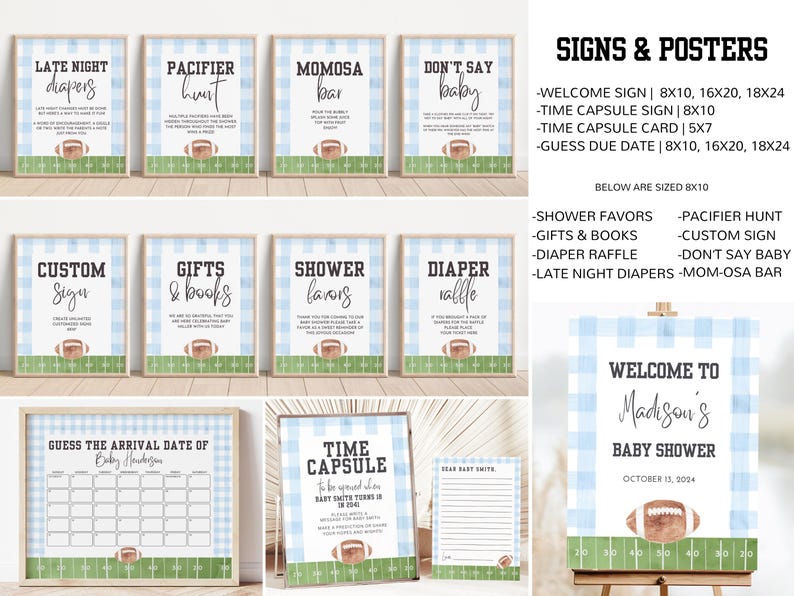 May include: A collection of baby shower signs and posters with a football theme. The signs feature text like "Late Night Diapers" and "Momosa Bar" on a blue gingham background with a football graphic. Sizes include 8x10, 16x20, and 18x24 inches.
