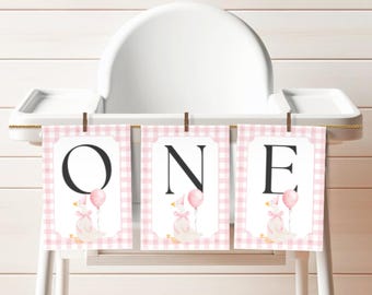 May include: Pink and white gingham banner with the word "ONE" in black letters. Each letter has a pink and white gingham background with a small pink goose holding a pink balloon.