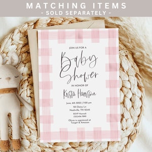 May include: Pink and white gingham baby shower invitation with the text "Join us for a Baby Shower in honor of Krista Harrison" and details for the event.