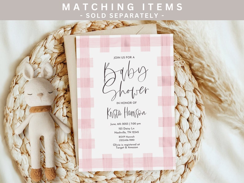May include: Pink and white gingham baby shower invitation with the text "Join us for a Baby Shower in honor of Krista Harrison" and details for the event.