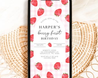 Berry First Birthday Digital Invitation, Strawberry Birthday, Strawberry Invite, First Birthday, Berry 1st Birthday, A165