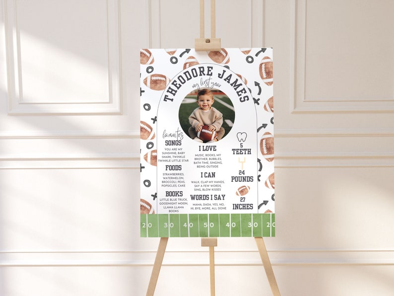 May include: A white and green football-themed growth chart with a photo of a baby boy. The chart lists the baby's name, Theodore James, and includes details like his age, weight, height, favorite songs, foods, and books. The chart is decorated with brown footballs and green and white stripes.