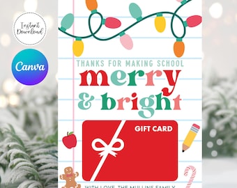 Lehrer Weihnachtsgeschenk Kartenhalter, Lehrer Geschenkkarte, Wertschätzung des Lehrers, fröhlich und hell, Schulgeschenkanhänger, bearbeitbare Geschenkkarte