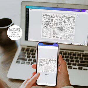 May include: A digital screen displaying a printable coloring page with a peace sign, rainbow, and the text "Harper's 5th Birthday Five is a Vibe". The coloring page is on a laptop computer screen and a phone screen.