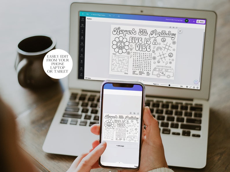 May include: A digital screen displaying a printable coloring page with a peace sign, rainbow, and the text "Harper's 5th Birthday Five is a Vibe". The coloring page is on a laptop computer screen and a phone screen.