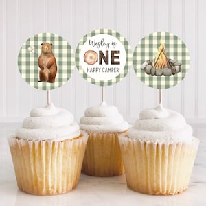Printable One Happy Camper First Birthday Cupcake Toppers Template, Instant Download, Camping Birthday, Happy Camper Party, A106