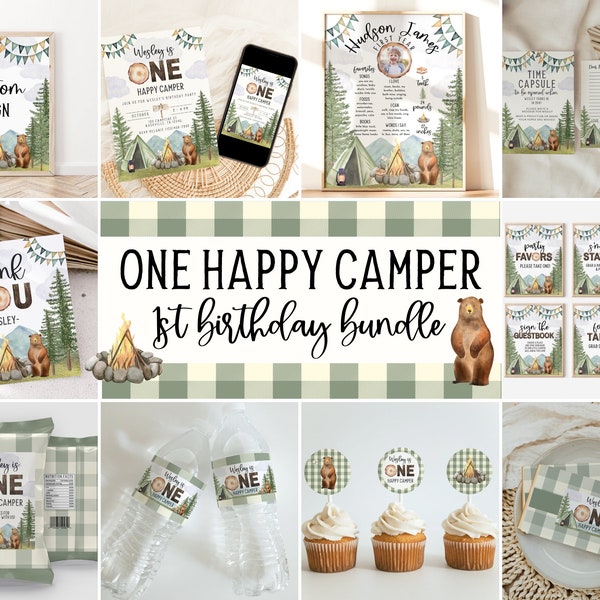 One Happy Camper First Birthday Templates Bundle | Instant Download | Camping Birthday | A106