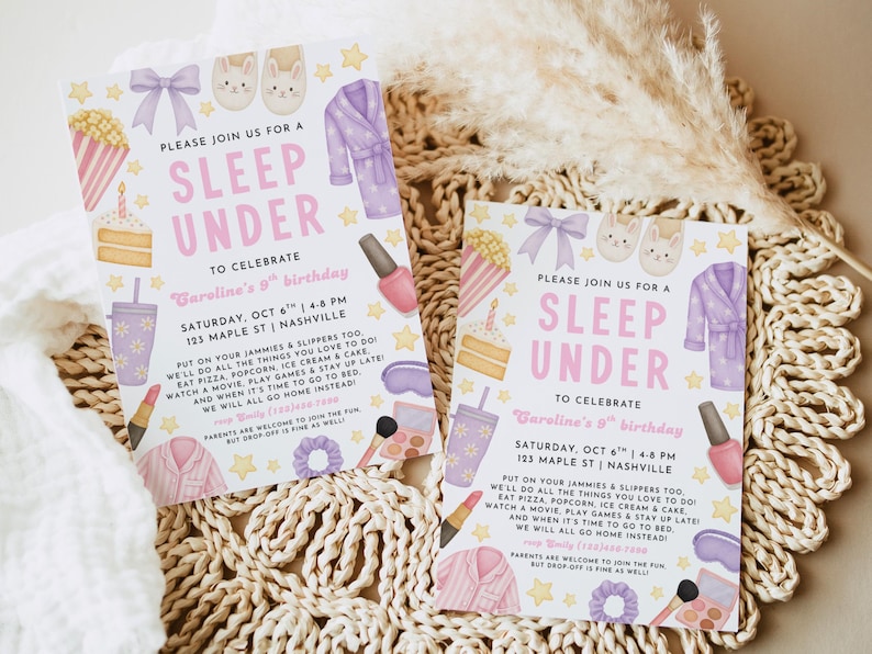 May include: Two invitations for a sleepover party. The invitations have a watercolor design with the text "Sleep Under" and party details. The design includes illustrations of popcorn, cake, nail polish, and a robe.