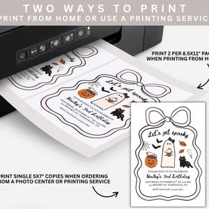 May include: A black printer printing Halloween-themed invitations. The invitations feature a ghost, pumpkin, and black cat design with the text "Let's get spooky". The image also includes instructions for printing at home or using a printing service.