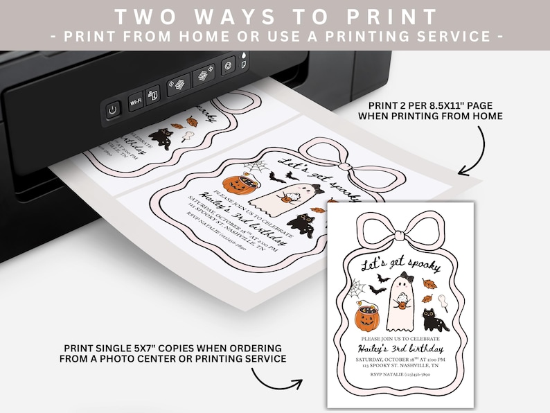 May include: A black printer printing Halloween-themed invitations. The invitations feature a ghost, pumpkin, and black cat design with the text "Let's get spooky". The image also includes instructions for printing at home or using a printing service.