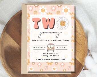 Invitación de fiesta de cumpleaños de dos Groovy / Plantilla de invitación de fiesta de cumpleaños de Groovy / Segundo cumpleaños / Cumpleaños retro / Cumpleaños hippie
