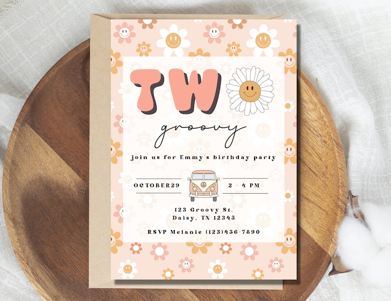 Two Groovy Birthday Party Invitation Groovy Birthday Party Invitation Template Second Birthday Retro Birthday Hippie Birthday