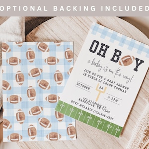 May include: Baby shower invitation with a football theme. The invitation features the text "OH BOY a baby is on the way!" and includes details for the event. A matching card with a blue gingham pattern and footballs is also included.