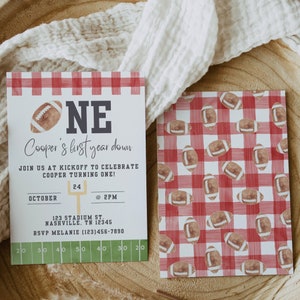 Red Gingham First Year Down Football Invitation, First Birthday Boy, Football Party, Football Birthday, A111