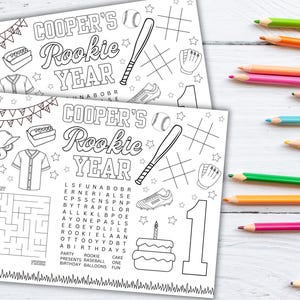 May include: A black and white printable coloring page with a baseball theme. The page features a baseball bat, a baseball glove, a baseball, a birthday cake, and a number one. The page also includes a word search puzzle and a maze. The text on the page reads "Cooper's Rookie Year".