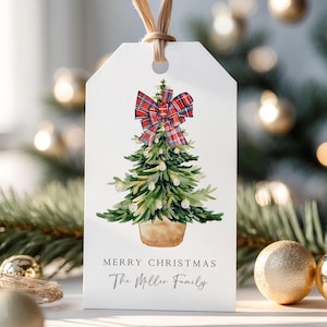 Printable Christmas Tree Plaid Bow Gift Tag, Instant Download, Editable Template (2x3.5&quot;)