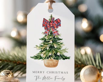 Druckbare Weihnachtsbaum karierte Schleife Geschenkanhänger, Sofortiger Download, bearbeitbare Vorlage (2x3,5 ")