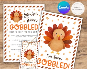 Printable Thanksgiving You've Been Gobbled Kit, Instant Download Templates, Card & Gift Tag, Instructions Included, A180