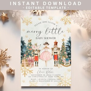 May include: A white and gold baby shower invitation with a watercolour illustration of a ballerina, a nutcracker, and a mouse. The text reads "Please join us for a merry little baby shower".