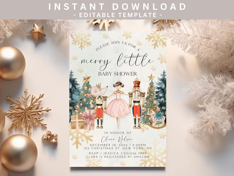 May include: A white and gold baby shower invitation with a watercolour illustration of a ballerina, a nutcracker, and a mouse. The text reads "Please join us for a merry little baby shower".